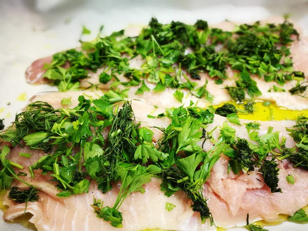 Prepare Tasty Zander Fish Dill Parsley Leaves — Stock Photo, Image