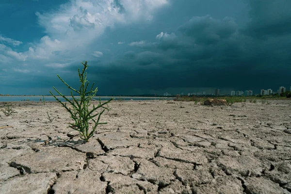 Terreno seco com uma tempestade no fundo — Fotografia de Stock