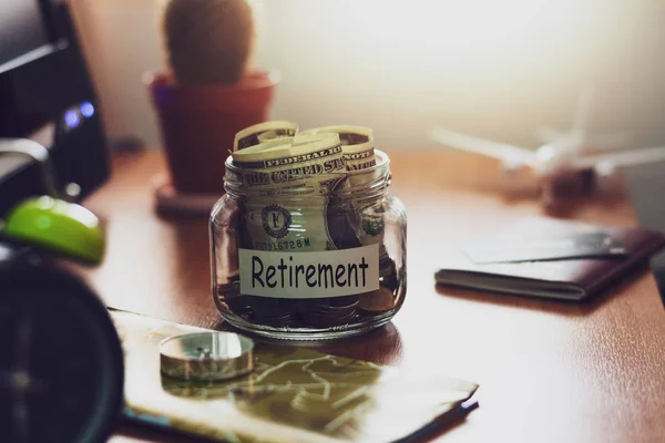 Retirement Budget Concept Money Retirement Savings Glass Jar Compass Passport — Stock Photo, Image