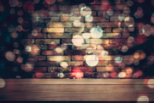 Empty Wooden Table Blurred Vintage Brick Wall Colorful Bokeh Background — Stock Photo, Image