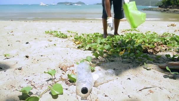 Pulitore Raccolta Rifiuti Sulla Spiaggia Sabbia Sacchetto Plastica Verde Bottiglie — Video Stock