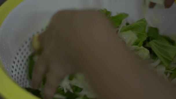 Close Tiro Mulher Mãos Lavar Legumes Misturados Picados Cozinha — Vídeo de Stock
