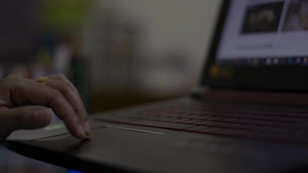 Close Hand Woman Scrolling Website Using Laptop Track Pad Computer — Stock Video