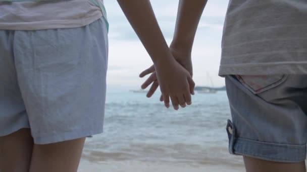 Мама Донькою Тримаються Руки Стоячи Пляжі Вигляд Задньої Сторони Підлітка — стокове відео