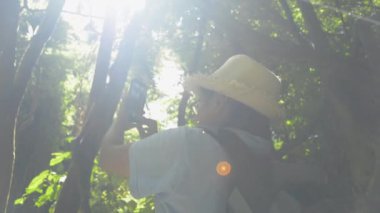 Hasır şapkalı ve sırt çantalı Asyalı kadın turist, sabahleyin güneş ışığı altında tropikal yağmur ormanlarında cep telefonuyla fotoğraf çekiyor. Yürüyüşçü ormanın yukarısındaki ekolojik bütünlüğü araştırıyor. Namtok Raman Orman Parkı. 