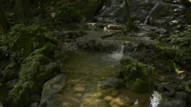 Yazın tropikal yağmur ormanlarındaki kayaların üzerinden akan su akıntısının muhteşem manzarasının görüntüsü. Sa Nang Manora orman parkı. Phang Nga Eyaleti. Tayland.