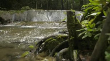 Şelaleden yükselen tatlı suyun görüntüsü kayaların arasından bereketli ormandaki güneş ışığı altındaki doğal bir gölete akar. Yeşil bitki örtüsüyle çevrili tropikal yağmur ormanlarının bolluğu. Sa Nang Manora orman parkı. Tayland.