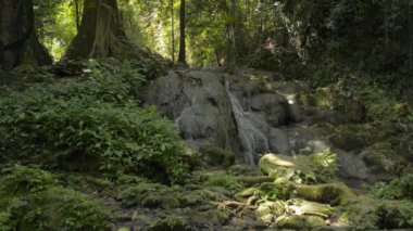 Bereketli bitki örtüsü arasında kayaların arasından akan şelale manzarası. Yaz boyunca tropikal ormanlardaki çağlayanlardan tatlı su akar. Sa Nang Manora Orman Parkı. Tayland.