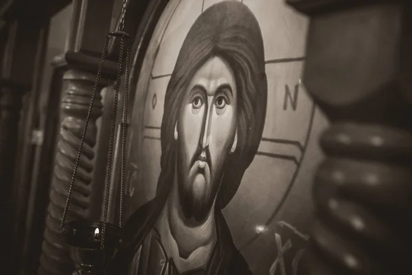 Ancienne Icône Orthodoxe Montrant Jésus Christ Filtre Sepia — Photo