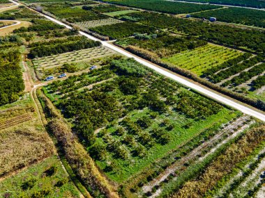 Hırvatistan 'ın güneyindeki verimli Neretva Vadisi' nin hava panoramik manzarası sulak bahçeler, kırsal yollar, kanal ağları ve açık yaz gökyüzü altındaki uzak sıradağları gösteriyor