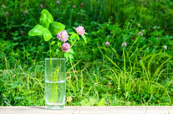 A bouquet of clover flowers with a four-leaf leaf in a glass on a wooden surface against the background of a green meadow. Selective focus.