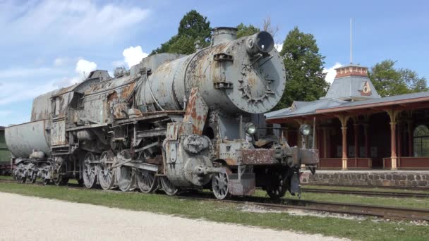 Museu Ferroviário Cidade Haapsalu Primeiro Plano Está Velha Locomotiva Estação — Vídeo de Stock