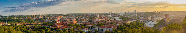 Panoramic view of Vilnius old town from Three crosses hill at sunset, Lithuania