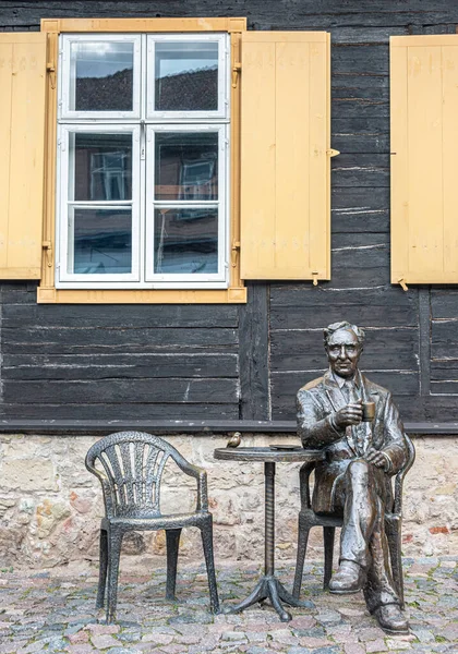 Mainsquare 'de kahve içen adam heykeli. Kuldiga, Letonya 'nın en büyüleyici ve büyülü şehirlerinden biridir.