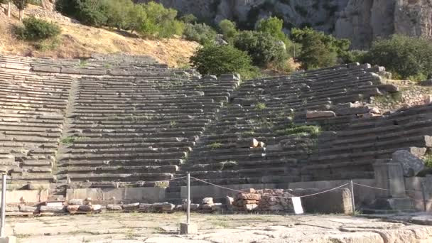 Staré Divadlo Delphi Apollónovým Chrámem Panoramatický Výhled Shora — Stock video
