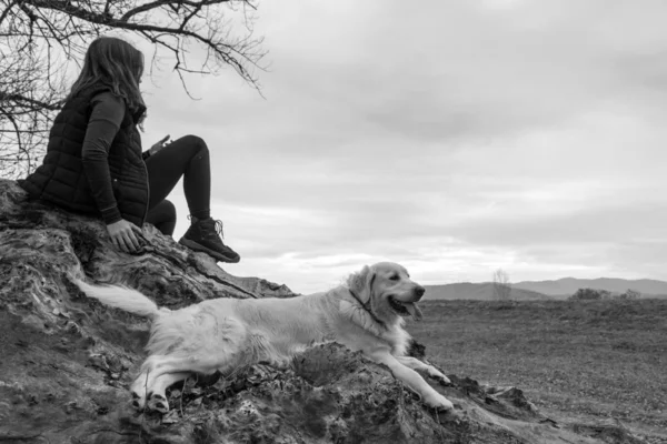 Женщина Собака Черно Белые — стоковое фото