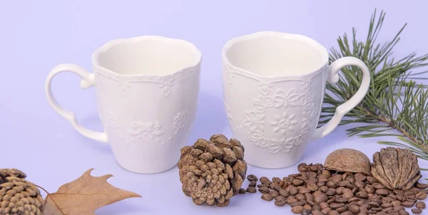 Kávébab Csészék Levél Fehér Háttér Dekoráció — Stock Fotó