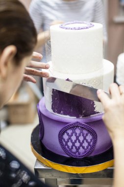 Genç Bayan katmanlı mor düğün pasta süsleme