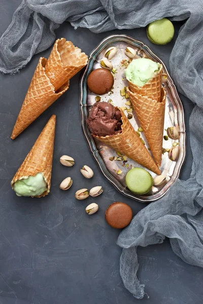 Composition with ice cream  and cookies on concrete background. Top view with copy spac
