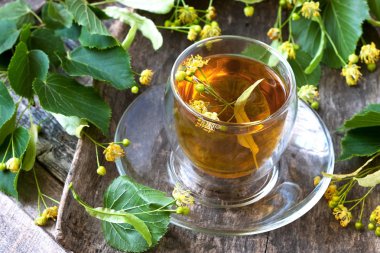 Linden cam bardak bitkisel çay. Alternatif Tıp oncept