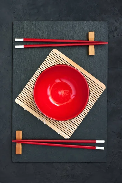 Bamboo Chopsticks Bowl Bamboo Tablecloth Background Flat Lay Top View — Stock Photo, Image