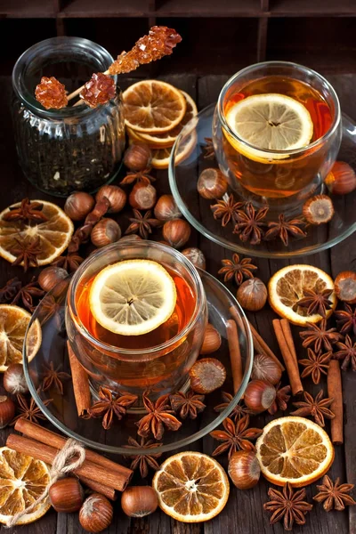 Composition Tea Glass Mug Spices Dark Wooden Backgroun — Stock Photo, Image