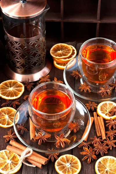 Composition Tea Glass Mug Spices Dark Wooden Background — Stock Photo, Image