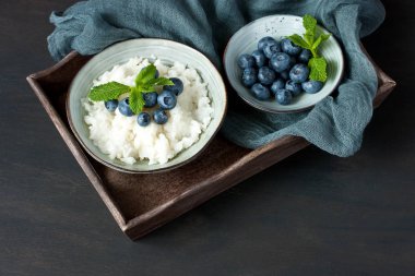 Vanilyalı sütlaç taze yaban mersini ile kopya alanı ile üstten görünüm 