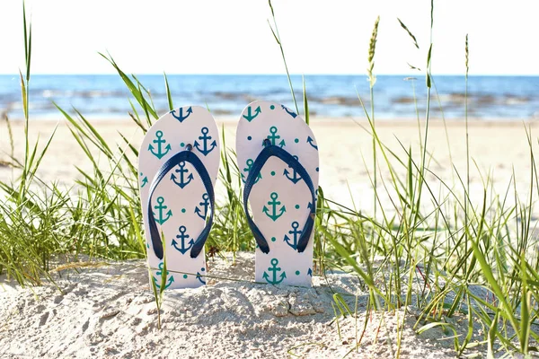 Zapatillas Playa Colores Sobre Arena Natural Fondo Verano Mar Playa — Foto de Stock