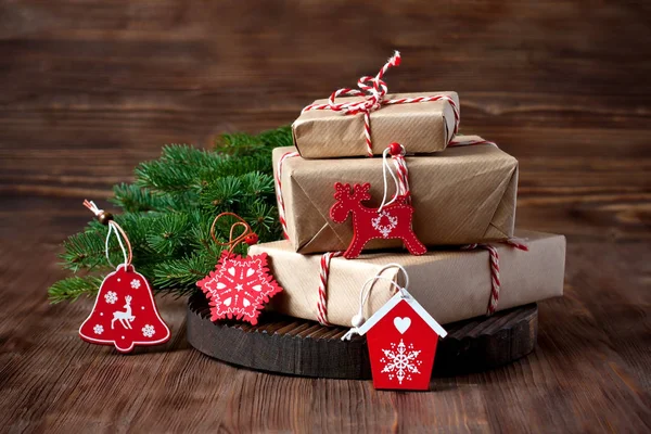 Fundo Férias Com Caixas Presente Superfície Madeira Conceito Natal Fundo — Fotografia de Stock