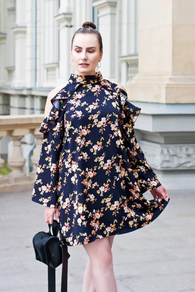 Beautiful Stylish Girl Colorful Dress Posing Street — Stock Photo, Image