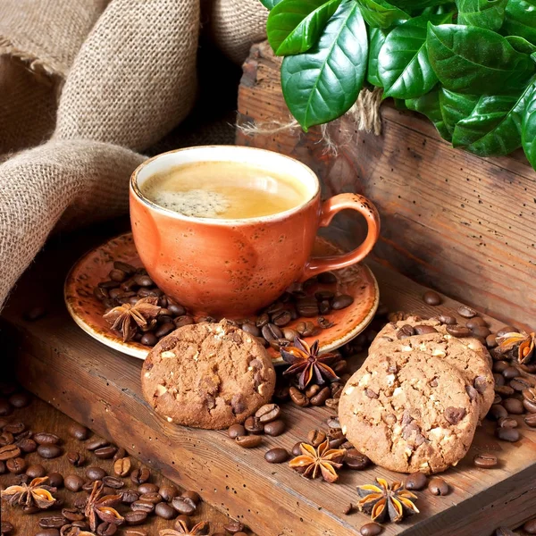 チョコレートクッキーと木製のテーブルの上の芳香族コーヒーカップ — ストック写真