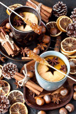 Elma ve baharatlı sıcak çay. Sağlıklı bir içki. Sıcak kış içeceği konsepti