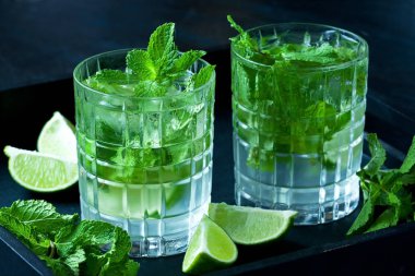 İki bardak Mojito taze limon ve nane siyah tepsi ile kokteyl. Seçici odak alan sığ derinliği ile