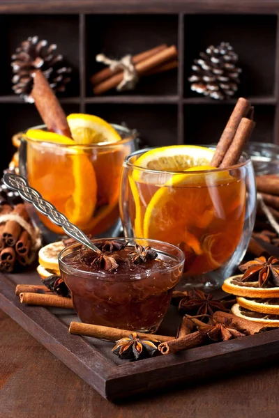 Composition with tea in glass cup  on wooden background. — Stock Photo, Image