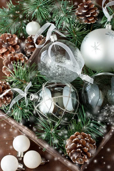 Christmas Background Christmas Balls Fir Tree Branches Wooden Background Top — Stock Photo, Image