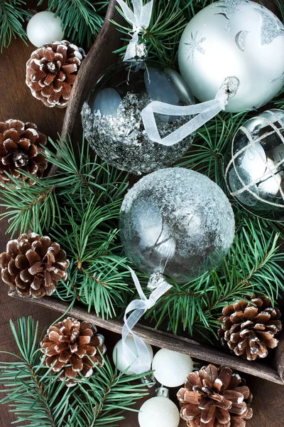 Colorful Collection Christmas Balls Wooden Tray Fir Tree Branches Pine — Stock Photo, Image