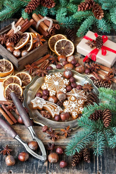 Christmas Background Cookies Fir Branches Spices Old Wooden Board — Stock Photo, Image