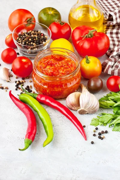 Spicy Sweet Tomato Sauce Onion Garlic Pepper Herbs Glass Jar — Stock Photo, Image