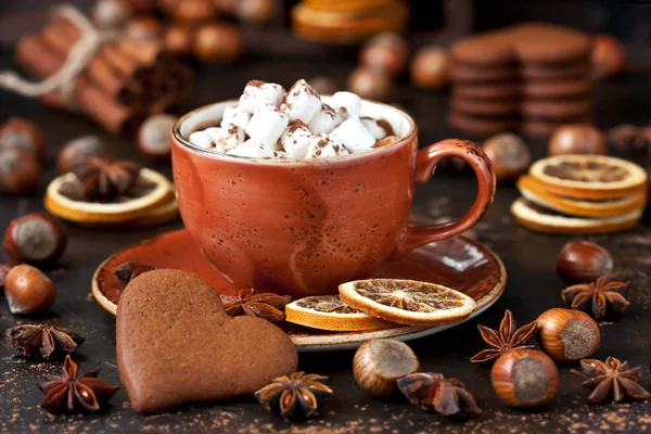Chocolate Caliente Con Palitos Canela Anís Nueces Cacao Polvo Sobre — Foto de Stock
