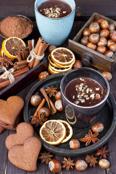 Mug with hot chocolate  on wooden table — Stock Photo, Image