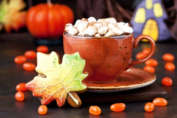 Ceramic Mug Hot Chocolate Marshmallows Gingerbread Cookies Form Colorful Autumn — Stock Photo, Image