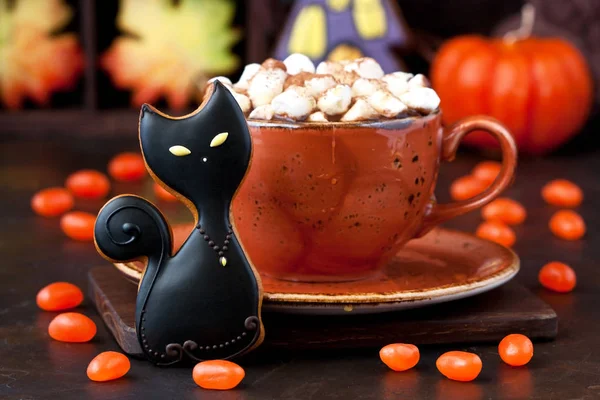 Homemade Gingerbread Cookies Form Black Cts Hot Chocolate Mug Halloween — Stock Photo, Image