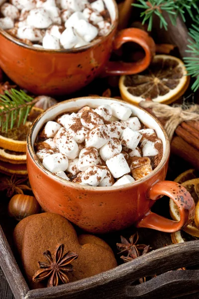 Šálek Krémové Horké Čokolády Rozpuštěnými Marshmallows Koření Pro Vánoční Svátky — Stock fotografie