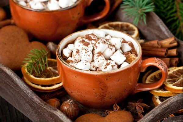 Keramikbecher Gefüllt Mit Heißer Schokolade Und Marshmallows Auf Dunklem Hintergrund — Stockfoto