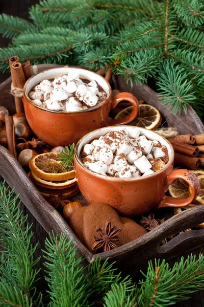 Tazze Ceramica Riempite Con Cioccolata Calda Marshmallow Biscotti Pan Zenzero — Foto Stock