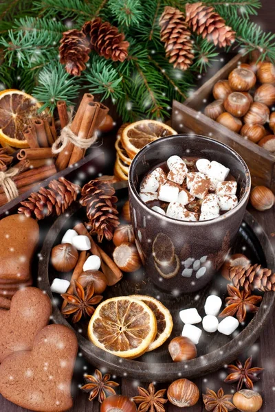 Heißer Kakao Mit Marshmallows Und Lebkuchen Auf Dem Hölzernen Hintergrund — Stockfoto