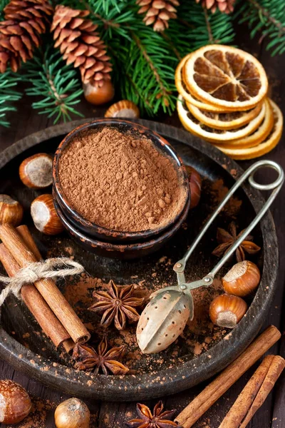 Ingredients Hot Cocoa Drink Cocoa Cinnamon Anise Christmas Time Background — Stock Photo, Image