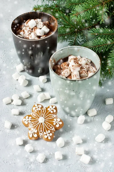 Cup of creamy hot chocolate with melted marshmallows    for chri — Stock Photo, Image