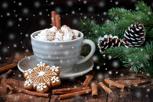 Mok met warme chocolademelk en peperkoek cookies op houten tafel — Stockfoto